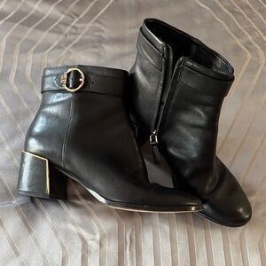 Tory Burch Sofia Dress Leather Black Leather Ankle Boots with Gold Accents